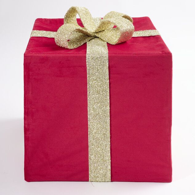 Cadeau d&eacute;co No&euml;l pliable tissu rouge ruban dor&eacute; 35x35xH40cm