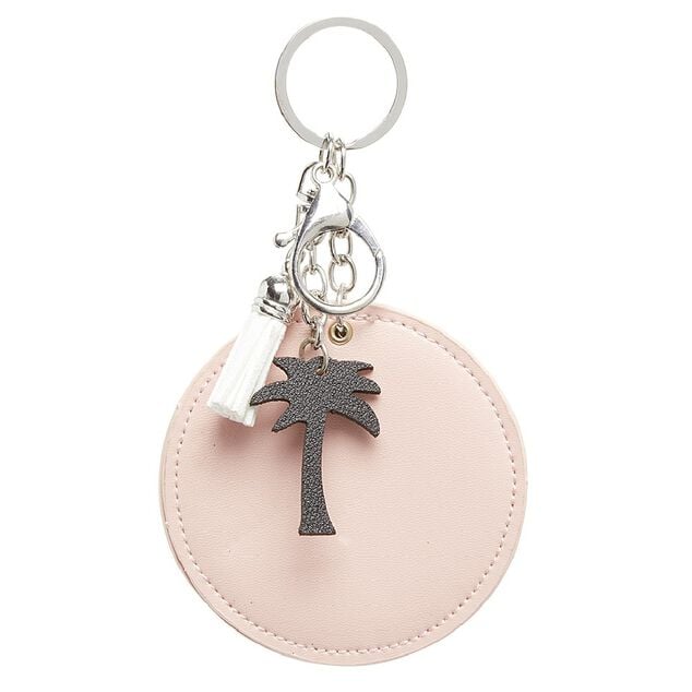 Porte-cl&eacute; miroir d&eacute;cor palmier avec pompon rose ou beige