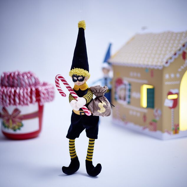 Lutin farceur voleur avec sac feutrine noir et jaune H36cm