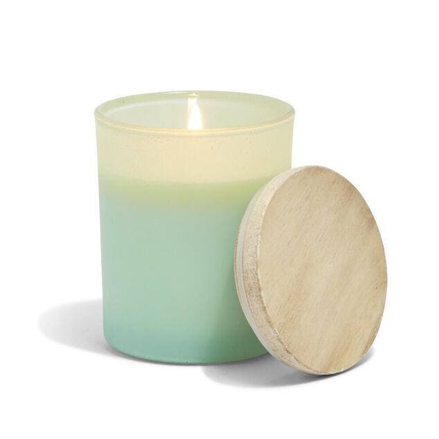 Bougie citronnelle couvercle bois verre vert &Oslash;7xH8,5cm