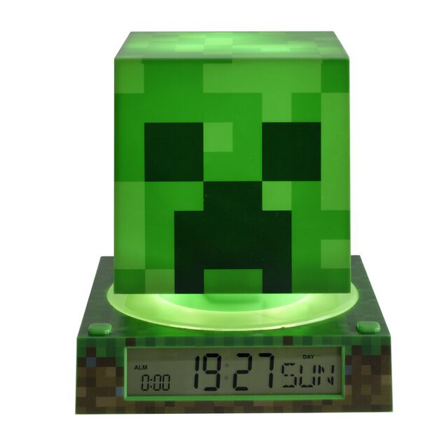 Lampe 3D r&eacute;veil Minecraft avec affichage date Creeper vert 13x13xH15cm