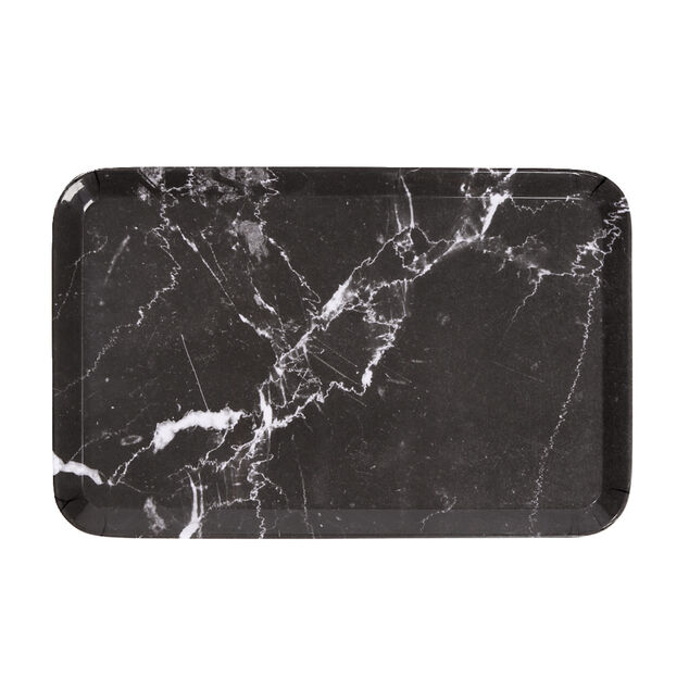 Plateau rectangulaire m&eacute;lamin&eacute; effet marbre gris et blanc 19x30cm