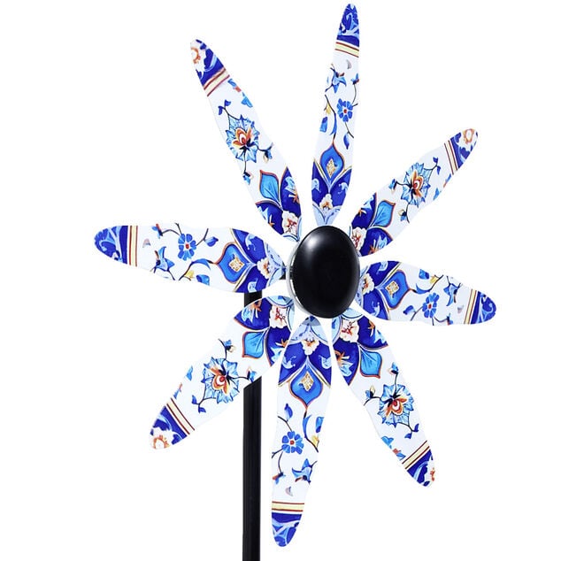 Moulin &agrave; vent XL &agrave; planter en m&eacute;tal d&eacute;cor&eacute; bleu 40,5x23xH180cm