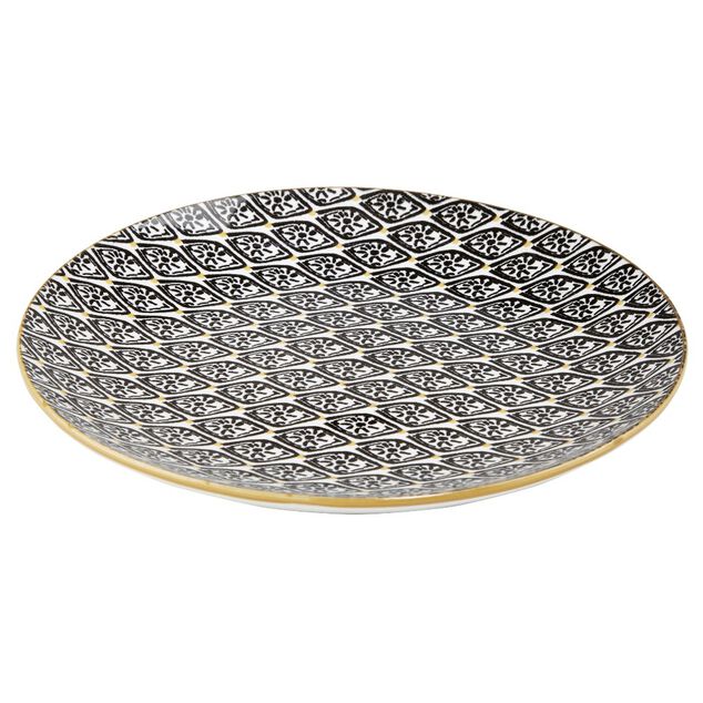 Assiette &agrave; dessert ronde Praia motif ethnique noir blanc jaune &Oslash;19cm