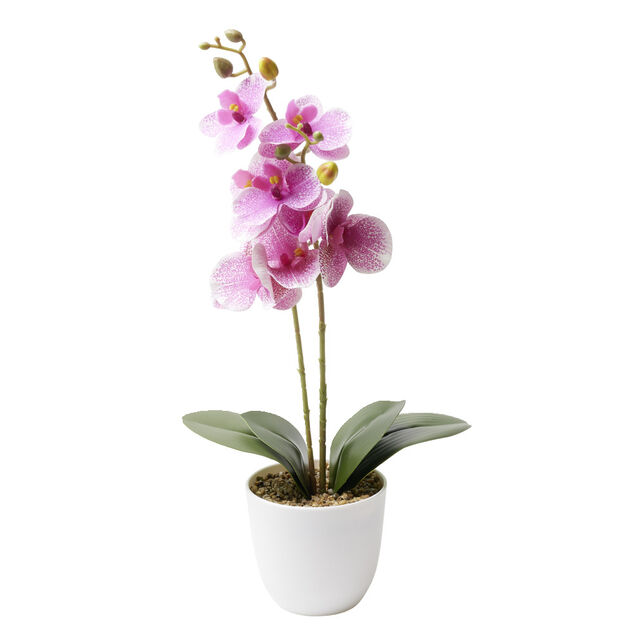 Orchid&eacute;e artificielle dans pot blanc &Oslash;11,5xH46cm (3 mod&egrave;les)