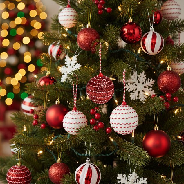 Boule Noël ruban torsadé Ø8cm rouge et blanc - 2 modèles