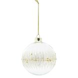 Boule de No&euml;l en verre transparent perle et ligne dor&eacute;e et blanche
