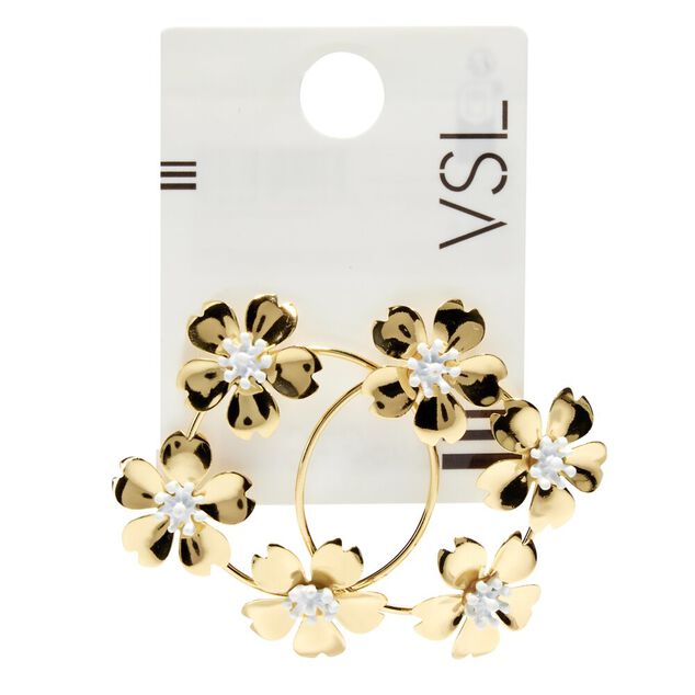 Boucles d'oreilles cr&eacute;oles avec 3 fleurs dor&eacute;s