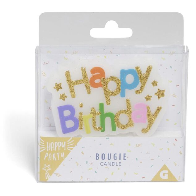 Bougie anniversaire Happy Birthday banni&egrave;re multicolore et dor&eacute;