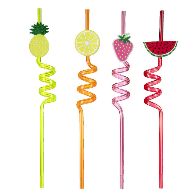 Paille torsad&eacute;e x4 plastique fantaisie fruit L27cm