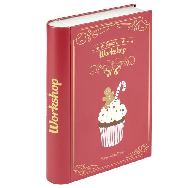 Bo&icirc;te alimentaire forme livre avec d&eacute;cor No&euml;l m&eacute;tal L19X15XH4 cm rouge
