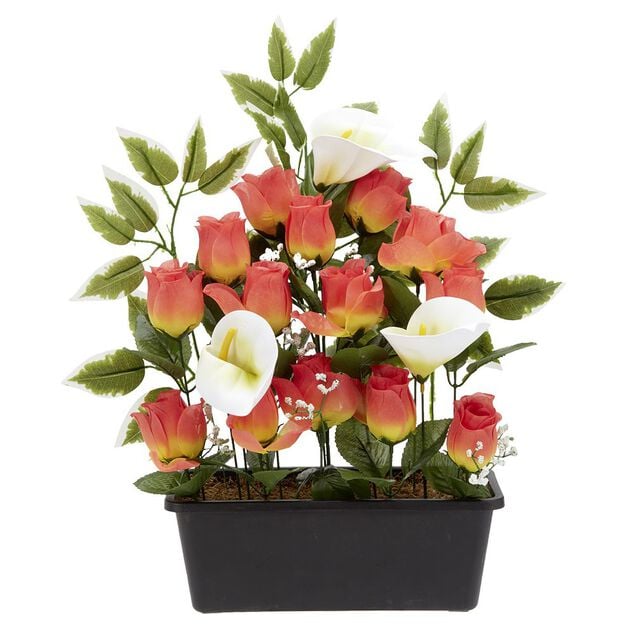 Jardini&egrave;re rose/arum 20 t&ecirc;tes blanc et orange