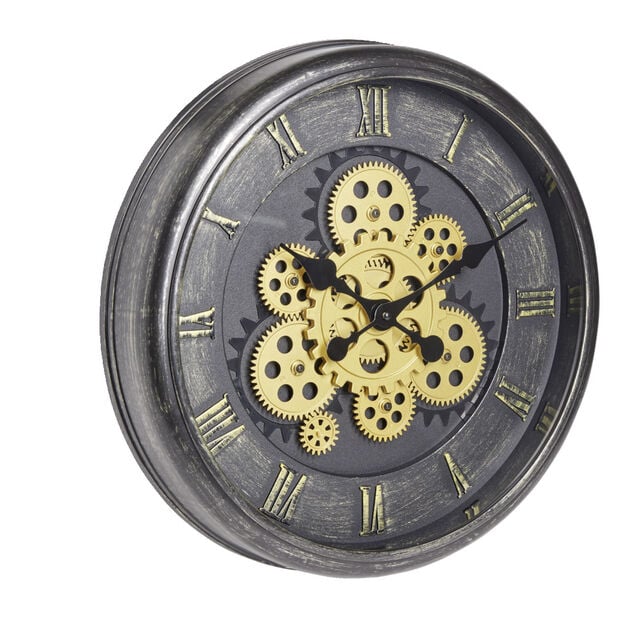 Horloge ronde motif engrenage plastique noir et dor&eacute; &Oslash;40cm