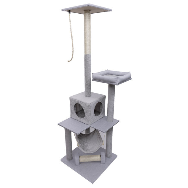 Arbre &agrave; chat XXL 4 niveaux grattoir et couchage gris H165cm