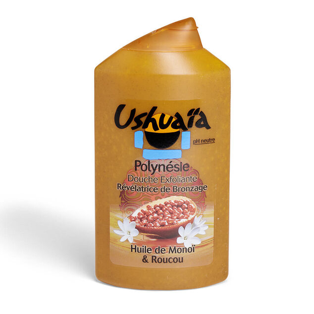 Gel douche Ushua&iuml;a Polyn&eacute;sie exfoliant bronzage mono&iuml; et roucou 250ml