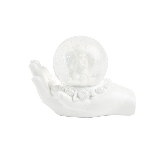 Main polyr&eacute;sine blanche avec boule de neige ange &agrave; poser &Oslash;6,5cm