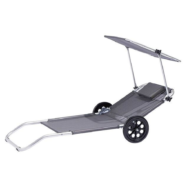 Chaise de plage grise avec pare-soleil 2 roulettes