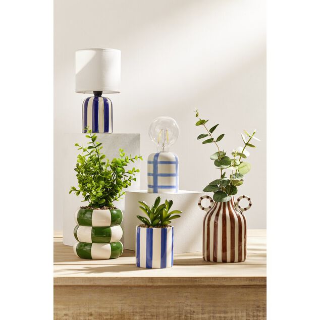 Plante grasse artificielle pot rond c&eacute;ramique damier vert et blanc &Oslash;12xH28cm