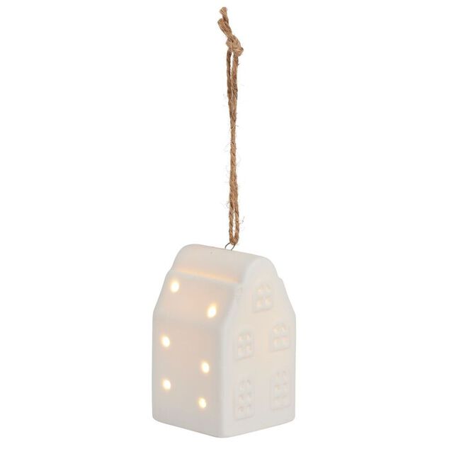 Suspension de No&euml;l lumineuse forme maison c&eacute;ramique blanche 1LED blanc chaud H7,5cm