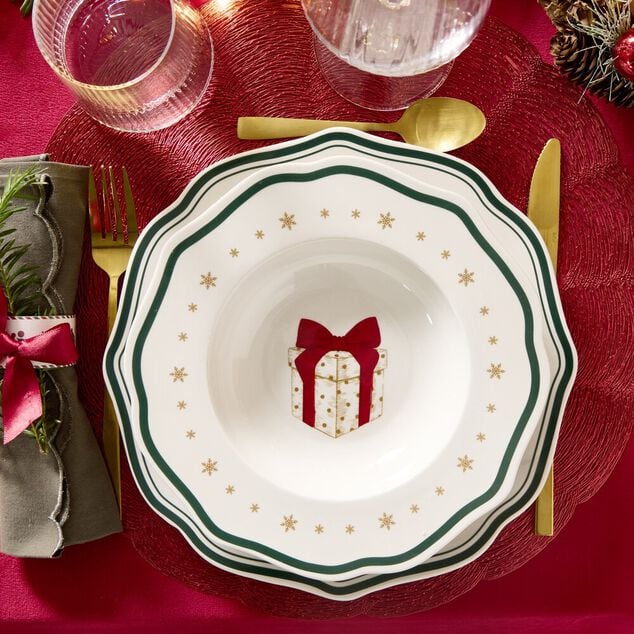 Assiette creuse imprim&eacute; boule de No&euml;l contour vague bleu fa&iuml;ence &Oslash;22 cm