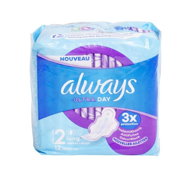 Serviette hygi&eacute;nique x12 longues avec ailettes Always ultra jour