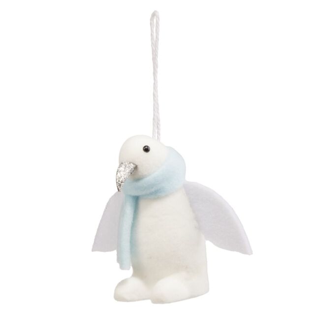 Pingouin &agrave; suspendre blanc et bleu bec paillet&eacute; H.8,5 cm