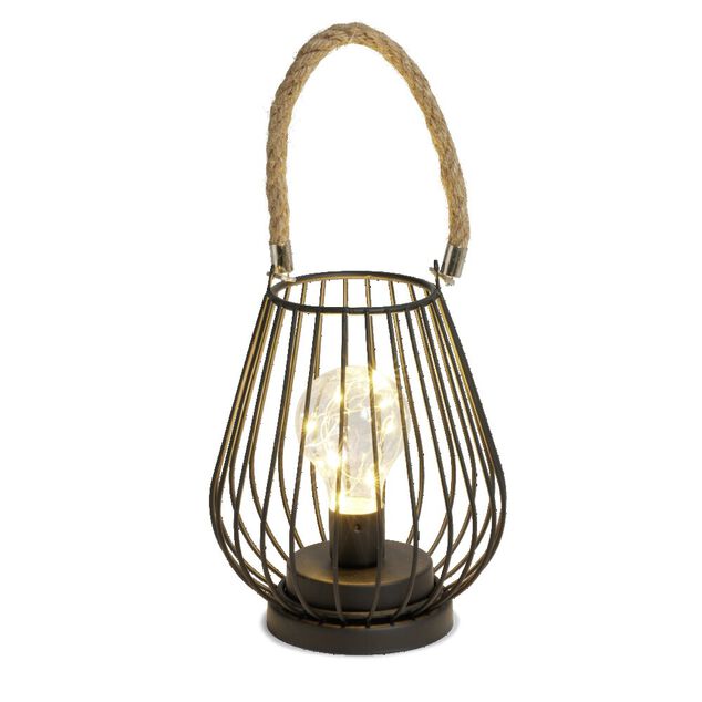 Lanterne LED ajour&eacute;e m&eacute;tal noir poign&eacute;e jute &Oslash;15xH18cm