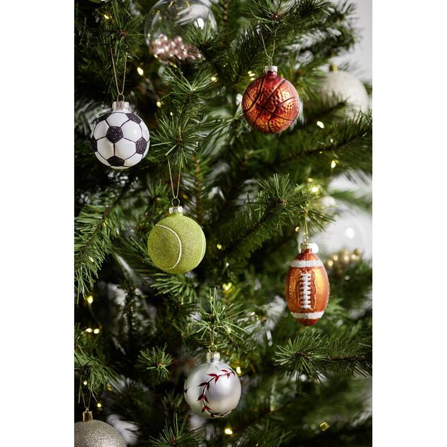 Boule de No&euml;l en verre forme ballon de sport &Oslash;6cm (5 mod&egrave;les)