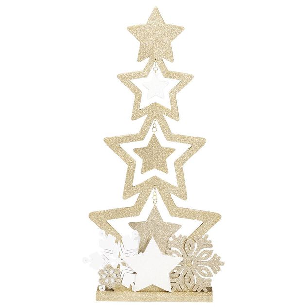 Sapin bois &agrave; poser d&eacute;cor &eacute;toiles dor&eacute; paillet&eacute; H75cm