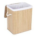Coffre &agrave; linge 60L bambou et tissu blanc 41,5x30xH50cm