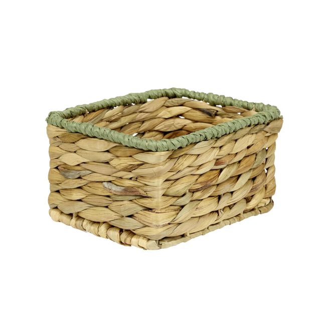 Pani&egrave;re rectangulaire jacinthe tress&eacute;e naturel avec bord vert 19x14xH10cm