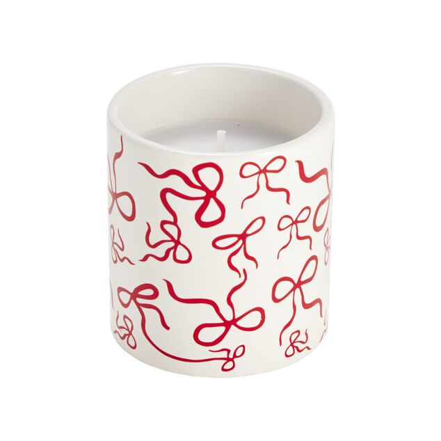 Bougie dans pot c&eacute;ramique blanc motif noeud rouge &Oslash;8xH9cm (2 mod&egrave;les)
