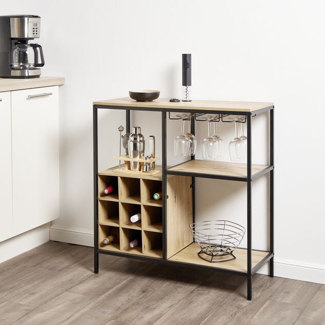 Meuble range-bouteille en bois et m&eacute;tal 78x33xH82cm