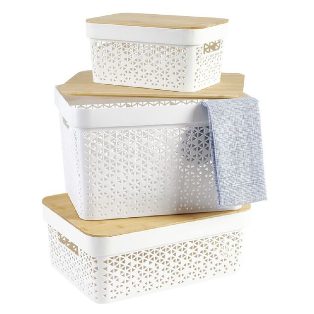Pani&egrave;re de rangement blanche avec couvercle en bambou petit mod&egrave;le