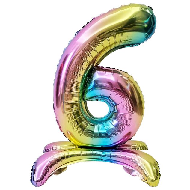 Ballon chiffre 6 avec support aluminium arc-en-ciel 51xH81cm