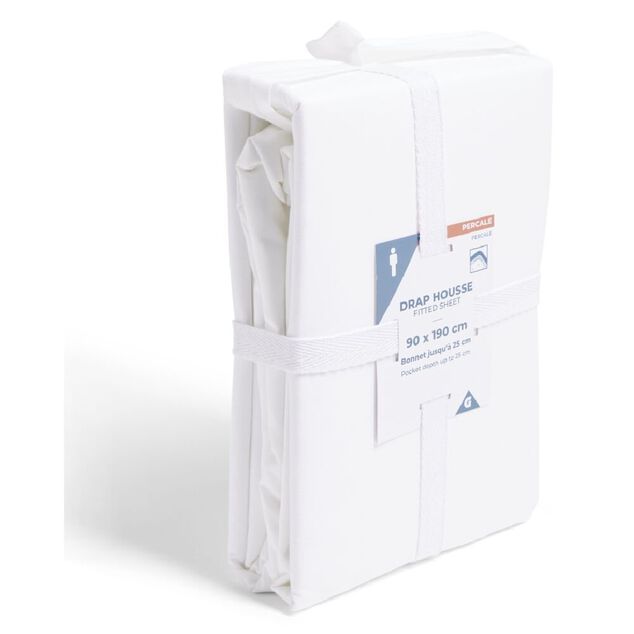 Drap housse 90x190cm 100% coton percale blanc