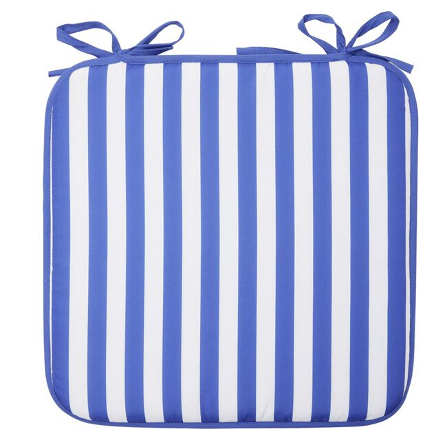 Galette de chaise carr&eacute;e rayures bayad&egrave;res blanches et bleues 40x40cm