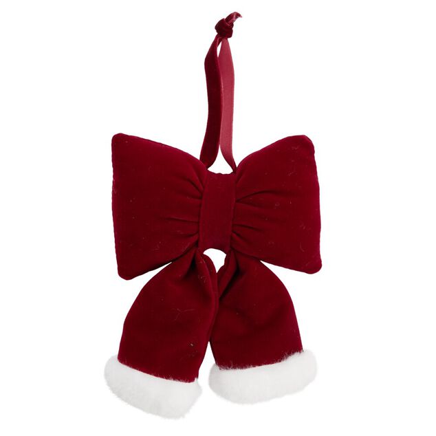 Noeud d&eacute;coratif No&euml;l &agrave; suspendre velours rembourr&eacute; rouge et blanc 11x2xH15cm