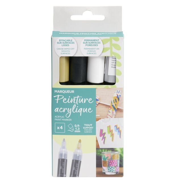 Marqueur permanent x4 peinture acrylique blanc/noir/gris/doré