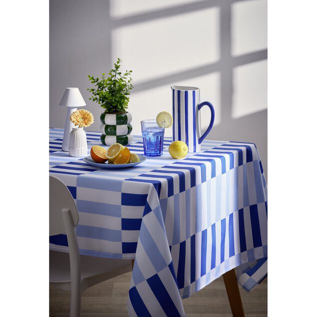 Nappe rectangulaire polyester bayad&egrave;re carreaux bleus et blancs 150x250cm