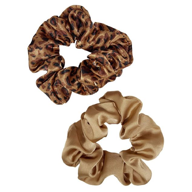 Chouchou motif l&eacute;opard et uni marron &Oslash;10cm x2