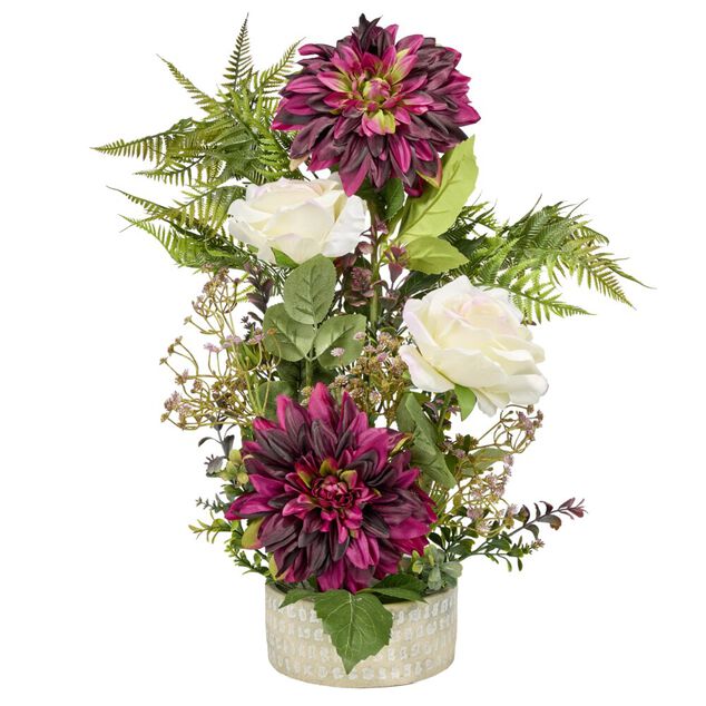 Vasque ciment dahlias roses foug&egrave;res mini buis &Oslash;38xH55cm (4 mod&egrave;les)