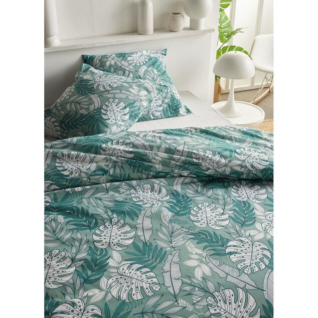 Parure de lit 2 personnes 220x240cm motif feuillage exotique vert et blanc