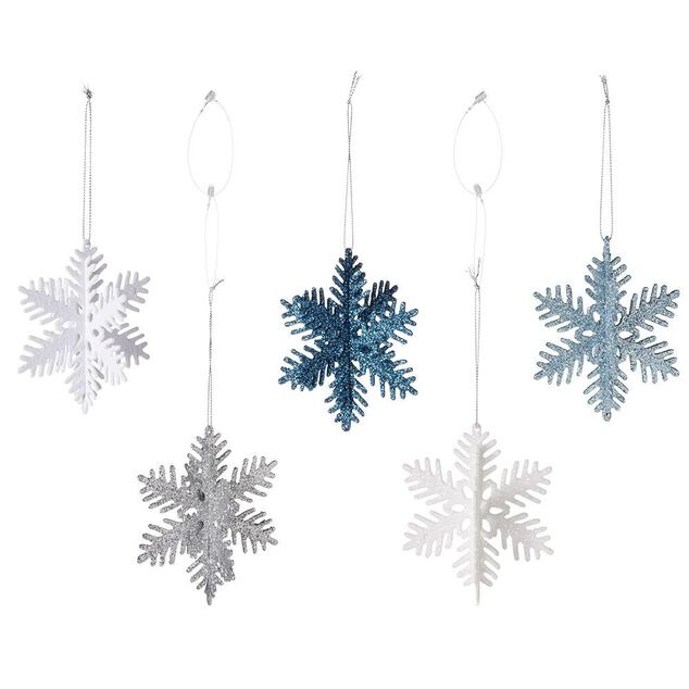 Flocon de No&euml;l paillet&eacute; argent&eacute; blanc et bleu &agrave; suspendre &Oslash;10cm x5