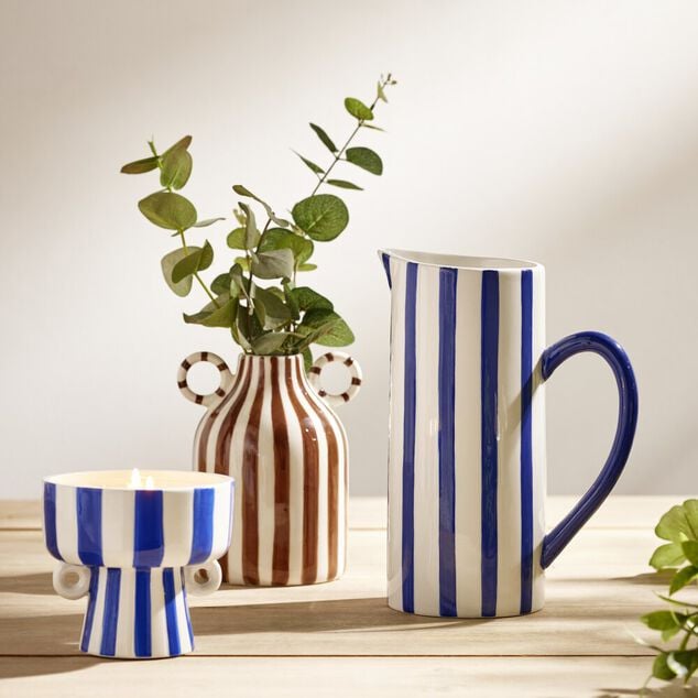Bougie parfum&eacute;e pot c&eacute;ramique &agrave; rayures &Oslash;10xH9,5cm (2 mod&egrave;les)