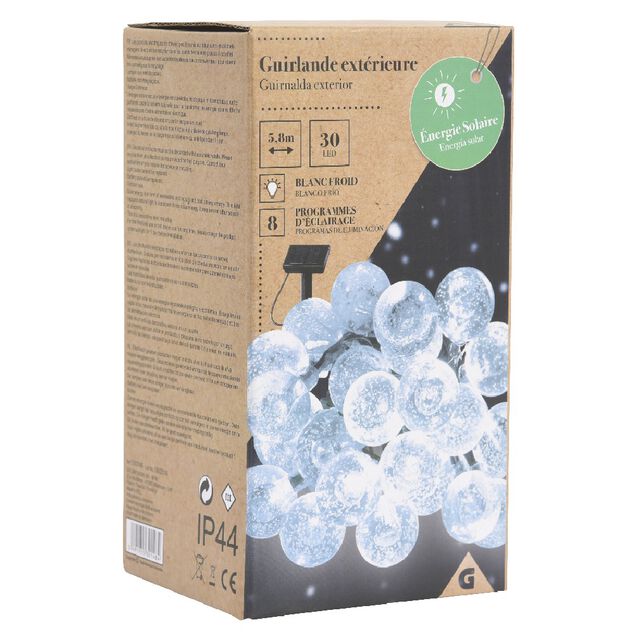 Guirlande boules lumineuses solaire blanc froid clignotant fixe 5,8 m