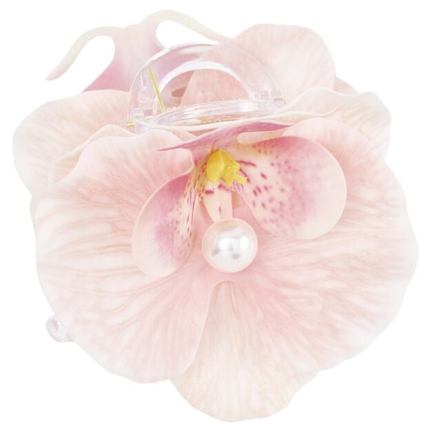 Pince cheveux plastique perle nacr&eacute;e fleur orchid&eacute;e rose L12cm