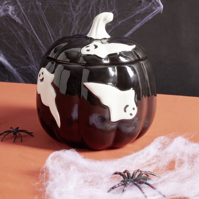 Bonbonni&egrave;re Halloween 1L citrouille noire fant&ocirc;mes blancs &Oslash;13,5xH15,8cm