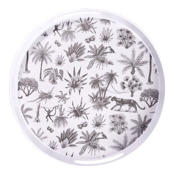Plateau rond m&eacute;lamin&eacute; motif savane blanc et noir &Oslash;34,5xH5cm