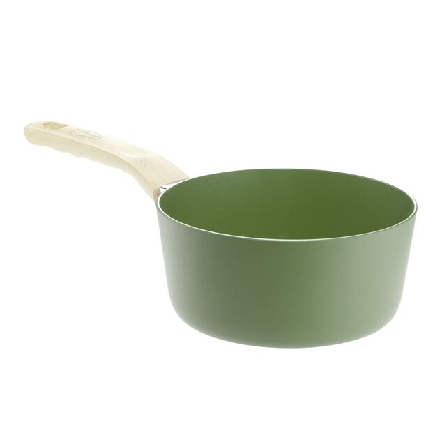 Casserole rev&ecirc;tement c&eacute;ramique vert olive poign&eacute;e effet bois &Oslash;18cm tous feux